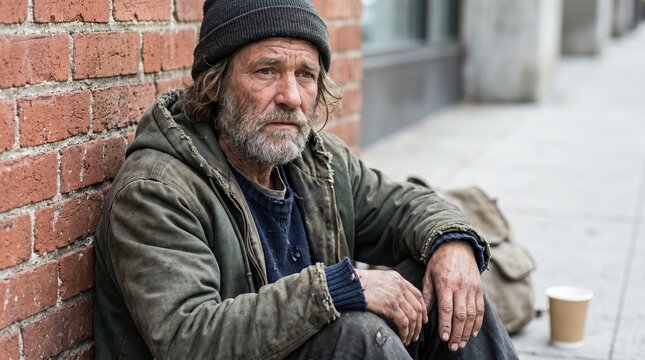 Homeless man sitting on city sidewalk against brick wall. Mature beggar in dirty clothes asking for help. Social issue of poverty and unemployment. Despair and economic hardship.