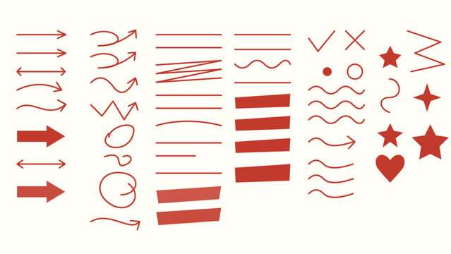 Collection of hand drawn doddle arrow set. Set of brush stroke of curly arrow collection. Sketch curved arrows design.