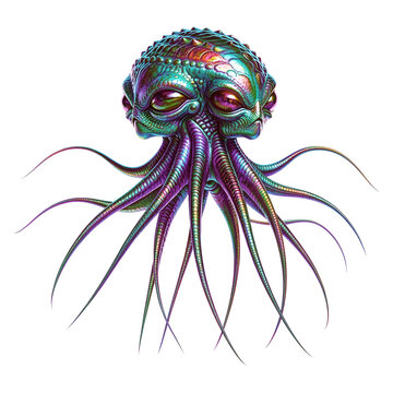 Alien creature with multiple eyes and tentacles iridescent rendering