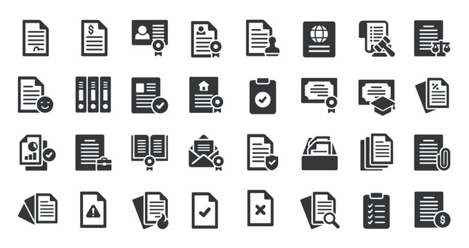Documents glyph solid icons collection. Containing legal document, file, archive. For website marketing design, logo, app, template, ui, etc. Vector illustration