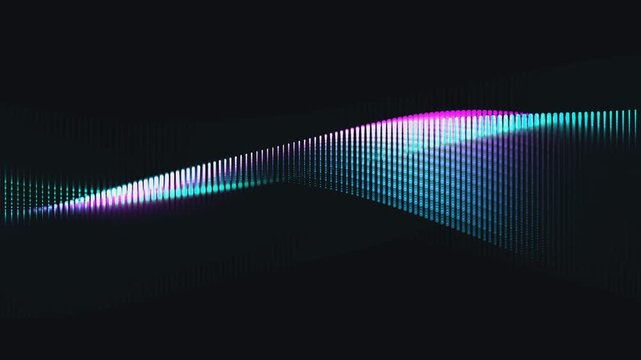 Abstract digital wave of glowing cyan and purple dots moving in rhythmic motion against black background for modern technology concepts.