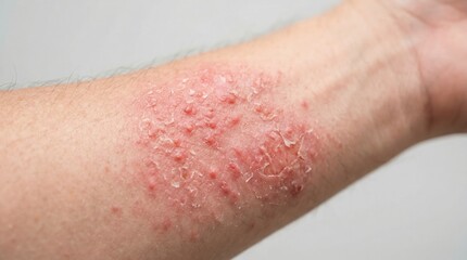 Fototapeta premium Man arm with red flaky skin rash. Close up of dermatitis, eczema or psoriasis skin irritation. Medical dermatological condition, allergy symptom and skin disease healthcare concept.