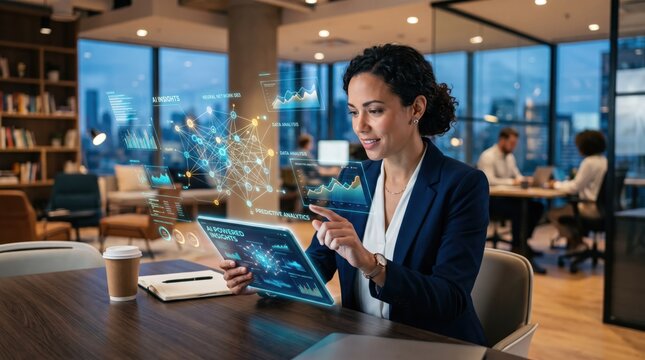 Smiling businesswoman using AI powered analytics tablet with predictive insights and neural network graphics, illustrating artificial intelligence and machine learning in a modern