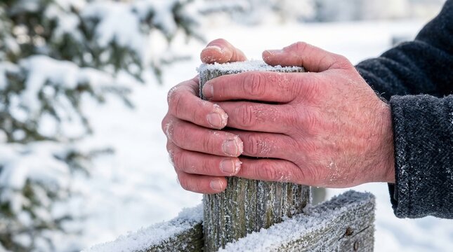 Man warming hands on a frozen wooden fence post in winter. Close up of male fingers touching snow covered timber in cold weather. Concept of freezing temperature and winter survival.