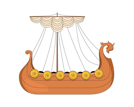 Traditional Viking longship with carved dragon head 2D cartoon clip art. Scandinavian historic vessel. Norse mythology. Sailing ship isolated flat vector element on white background. Spot illustration