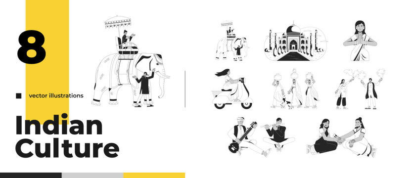 Indian culture and traditional lifestyle outline illustration pack. Holi festival. Village life. South Asian folk 2D line characters isolated on white. Monochrome vector linear image collection