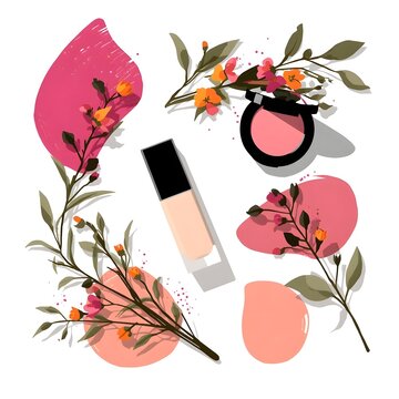 Flat lay composition of makeup products and spring flowers vector