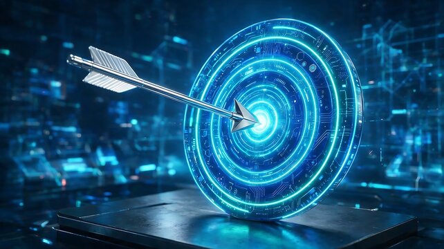 Digital dart hitting target with glowing blue rings. Precision technology success concept for business strategy and goal achievement.