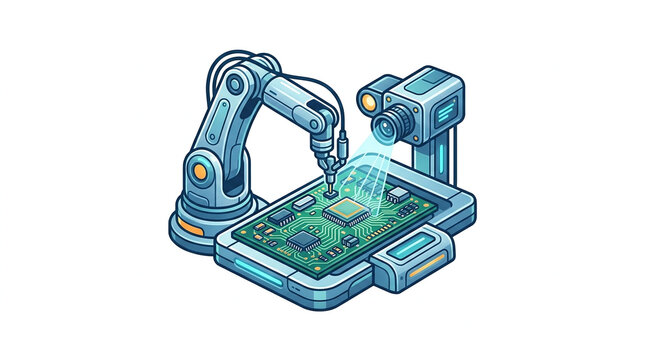 Automated robotic arm assembling and inspecting electronic circuit board with computer vision scanner isometric vector illustration