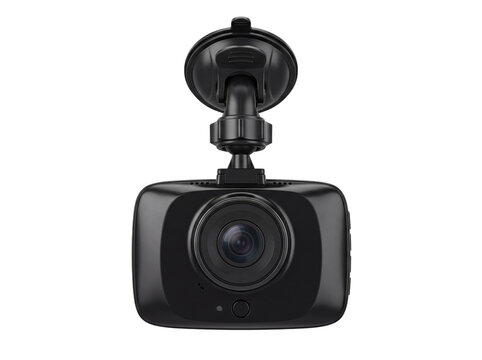3D Modern black dashcam mounted on car windshield recording road isolated on transparent background