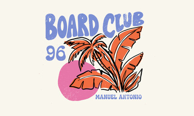 Obraz premium Vintage Board Club 96 tropical surf graphic with palm trees and sun for tshirt design