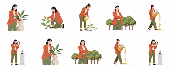 Fototapeta premium Flat Vector Set of Businesswoman Nurturing Plants and Investing in Growth
