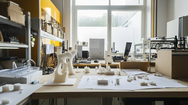 schematic. A modern workshop with 3D printed prototypes and schematic drawings on a workbench. product launch decks, UI/UX mockups, designed for product launches and innovation pitches.