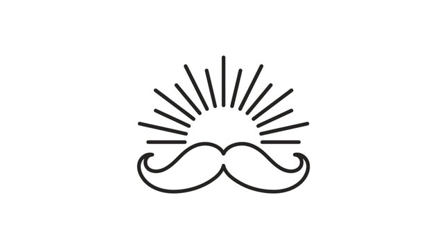 A minimalist black line art illustration of a stylized mustache with a sunburst effect above it.