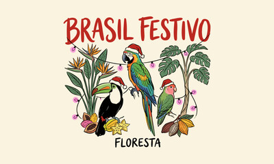 Obraz premium Brasil Festivo Floresta artwork featuring exotic birds wearing Santa hats and tropical plants.