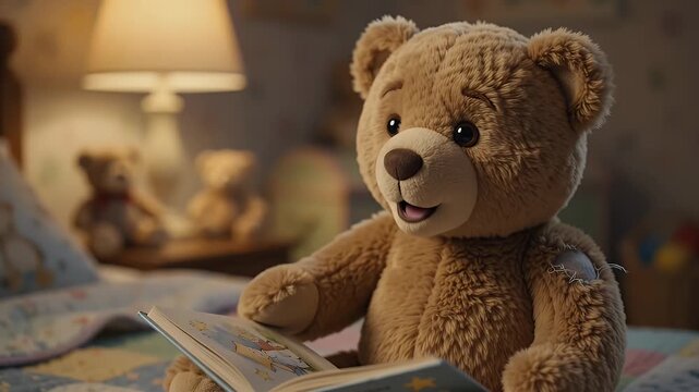 Cozy bedtime scene with a teddy bear reading a book to children in a dimly lit bedroom, fostering imagination and learning.