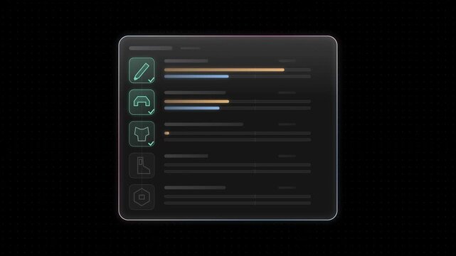 Dynamic Glass User Interface with Transparent Panel and Colorful Rim for Loadout Selection, Featuring Soft Azure and Rose Highlights, Perfect for Game Design and Tech Presentations