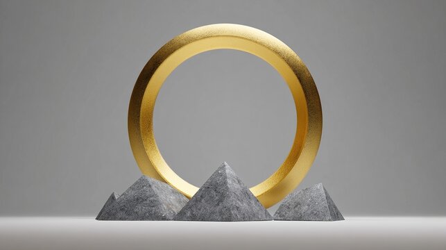 topdown. Large golden circle hovering above small grey shapes, symbolic composition. event programs, museum guides, designed for cultural heritage projects and event programs, used by hr managers.