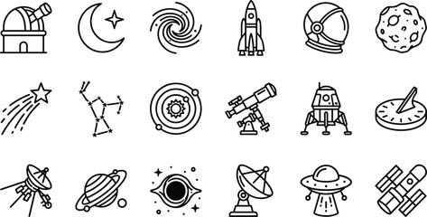 Astronomy and cosmos line art vector icons featuring observatory moon galaxy rocket astronaut helmet asteroid comet telescope satellite UFO planet black hole radar and space exploration symbols © Eman
