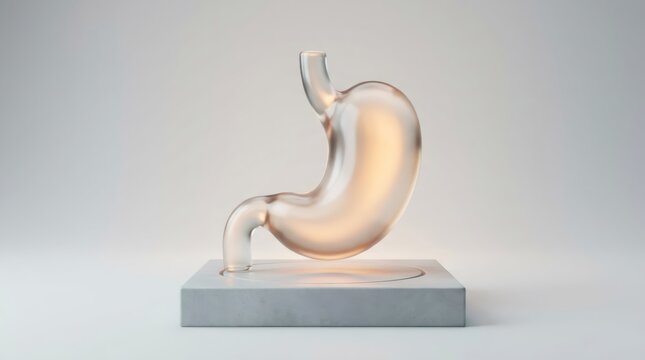 Glass stomach model standing on a stone pedestal. Human anatomy representation for medical education and research. Innovative diagnostic technology and digestive system health concept.