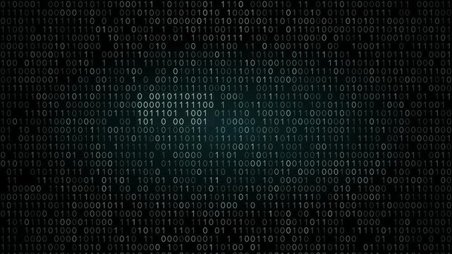 Dynamic glitch effect featuring binary code with a dark background, glowing accents in teal and green, and flickering blocks creating a tech-inspired visual experience perfect for modern digital