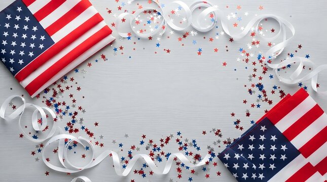American flag and patriotic decorations on light background