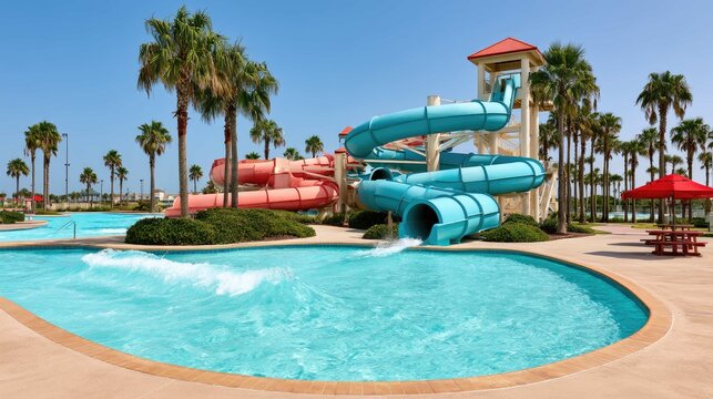 Bright and Fun Water Park Scene with Colorful Slides, Palm Trees, and Sparkling Swimming Pool in Sunny Weather
