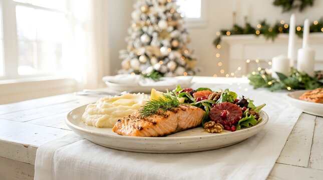 Beautifully plated grilled salmon fillet with creamy potato puree and fresh winter salad on white table against bright festive christmas tree background ideal for healthy holiday diet dinner recipe.