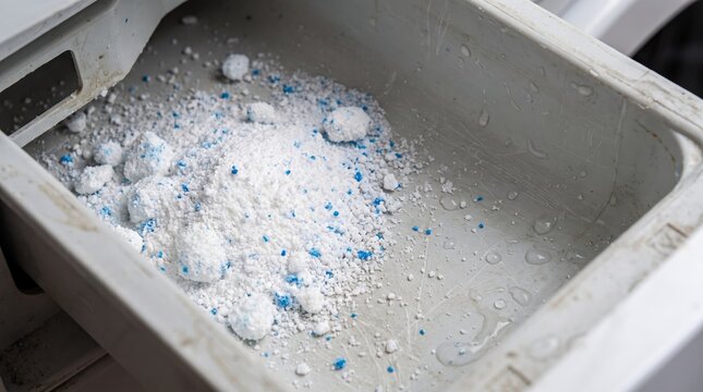 Washing machine detergent powder in the dispenser tray. Chemical soap particles for cleaning clothes. Household maintenance and laundry appliance maintenance chore concept.