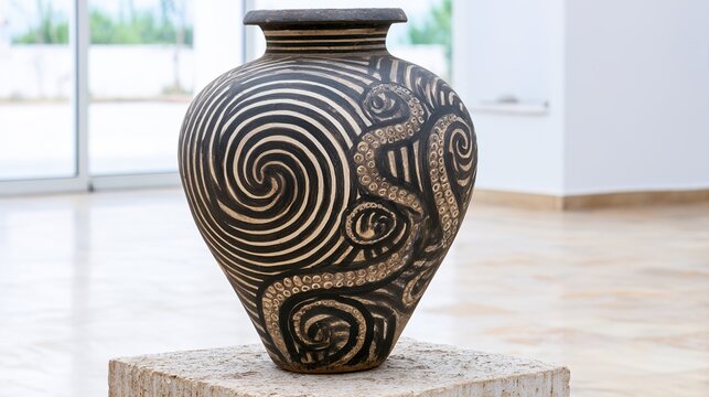 amphora. A restored ceramic amphora on a stone pedestal, painted with intricate spiral and octopus tentacle patterns. event programs.