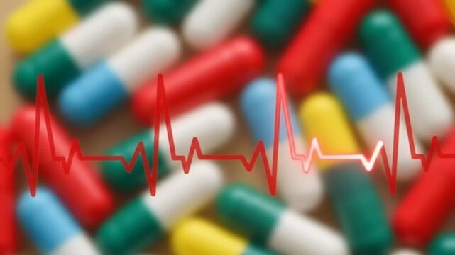 Colorful pills with heart rate monitor overlay symbolizing health and medication.