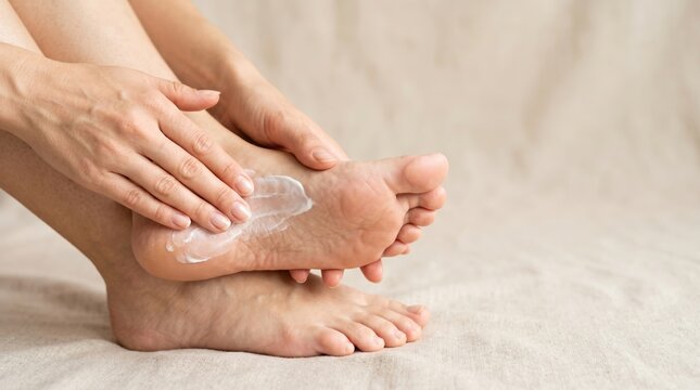 Woman applying moisturizing cream to foot. Skin care routine for healthy feet. Beauty treatment and hydration for smooth skin. Self care spa procedure at home with lotion.