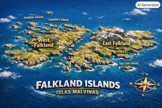 Falkland Islands map with labeled regions and locations. Detailed archipelago geography of Islas Malvinas for travel and education.