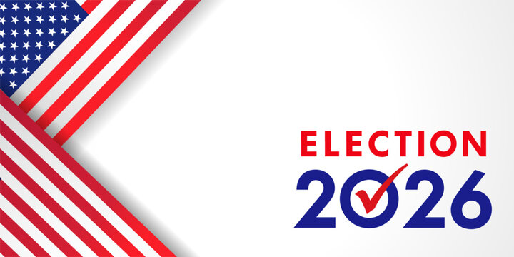 Election 2026, white poster with USA flags. Vote 2026, US Election Day vector banner design