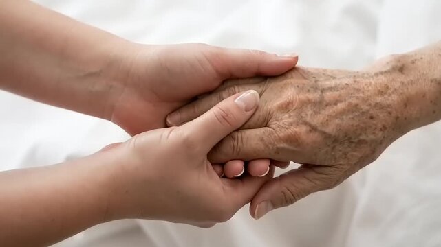 Gentle human connection between generations through touching hands.