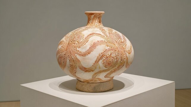 amphora. A restored ceramic amphora on a stone pedestal, painted with intricate spiral and octopus tentacle patterns. event programs.