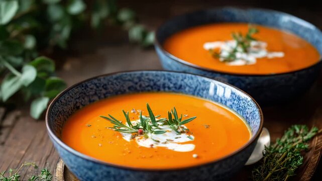 Creamy pumpkin soup in rustic bowls garnished with seeds and herbs on dark wood Immune-boosting soups for fall concept of healthy comfort food Make-Ahead Fall Soups