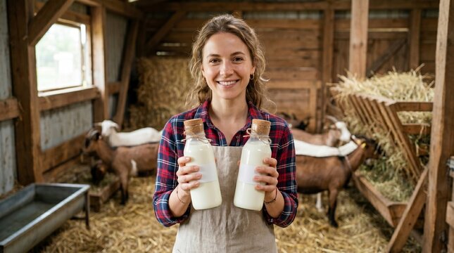 Woman farmer holding glass bottle with fresh goat milk inside wooden stable. Organic dairy product from rural livestock farm. Small business owner lifestyle and sustainable agriculture concept.