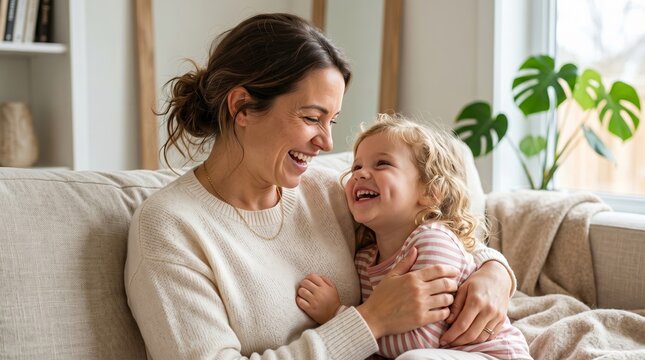 Woman holding and laughing with her young child on a sofa at home. Happy mother and daughter bonding in a cozy living room. Concept of family love, care, tenderness and parenting joy.