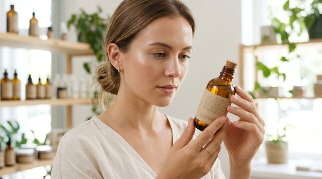 Woman reading label on cosmetic glass bottle. Natural skincare routine and organic beauty product. Young female client examining essential oil in apothecary shop. Wellness and health.
