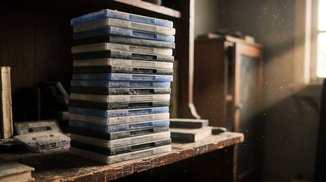 Tall leaning stack of abandoned dusty DVD cases on old wooden desk symbolizing the end of physical media, digital streaming transition, and obsolete home entertainment