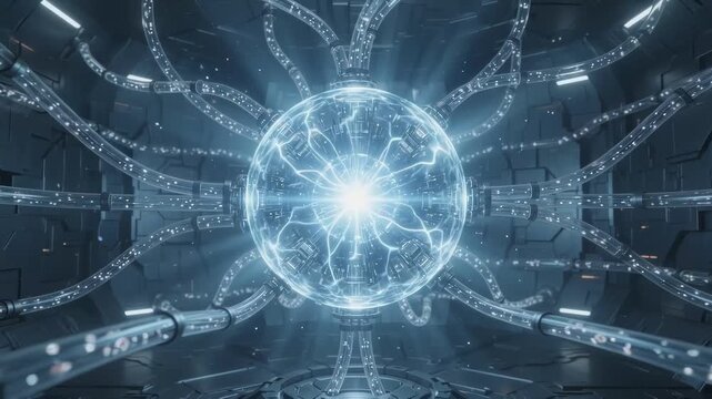 Futuristic artificial intelligence core with neural network icons and glowing data spheres in high tech environment