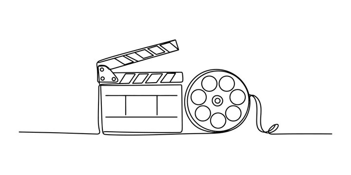 Continuous one line drawing of movie clapperboard and film reel for cinema