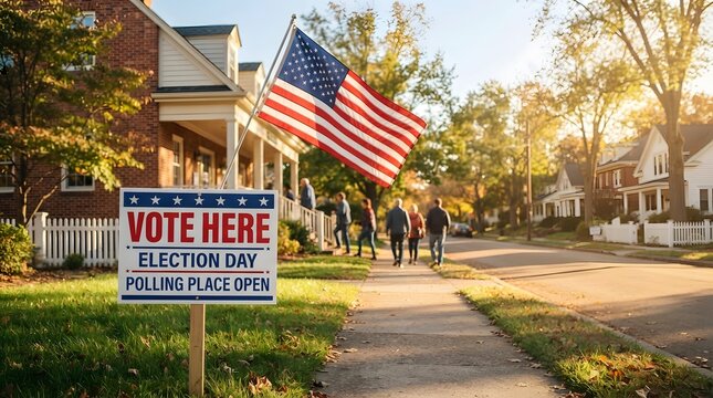 Vote here election day sign in front of a house