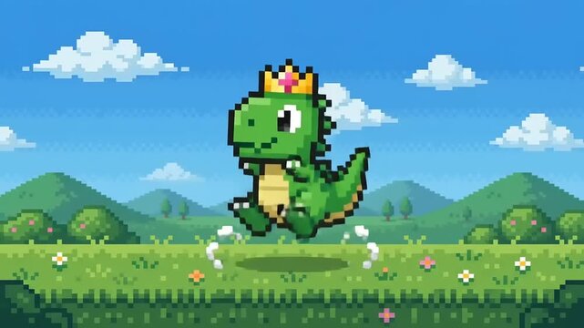 Pixel art dragon character standing on grassy field.