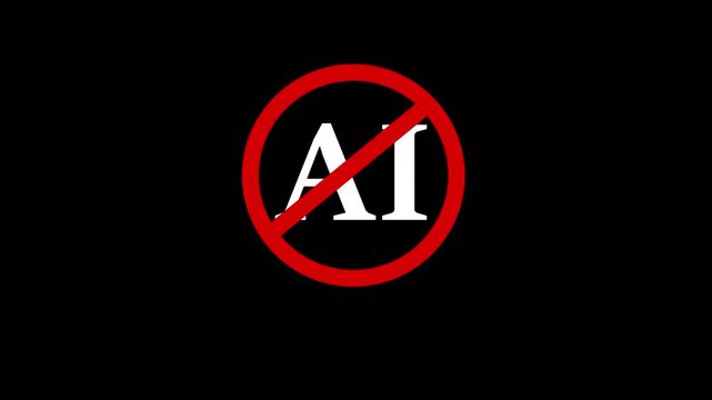 No AI symbol animation with red prohibition sign over AI text on black background, anti artificial intelligence concept