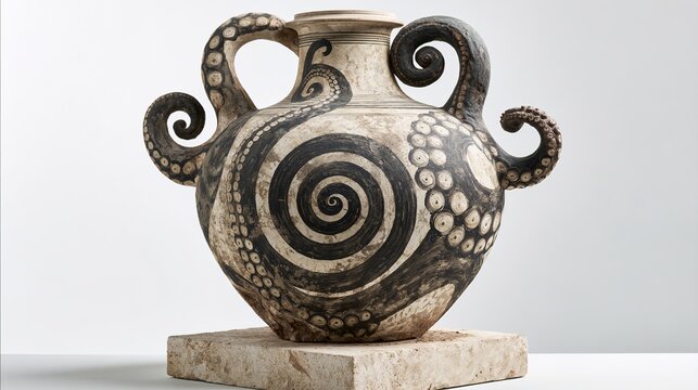 amphora. A restored ceramic amphora on a stone pedestal, painted with intricate spiral and octopus tentacle patterns. event programs.
