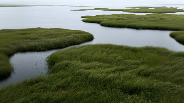 Panoramic wetland landscape with lush green marsh grass, winding water channels, rain ripples, and soft mist under an overcast sky.