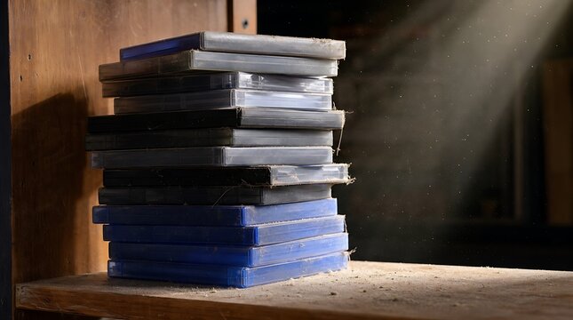 Leaning stack of dusty plastic CD DVD cases on old wooden shelf symbolizing the end of physical media, obsolete tech storage, and digital streaming era transition