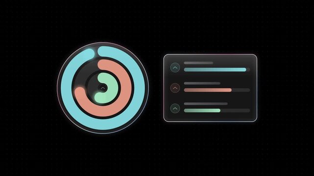 Sleek Glass UI Activity Rings with Vibrant Color Accents on Black Background, Featuring Interactive Elements and Soft Lighting Effects for Modern App Design